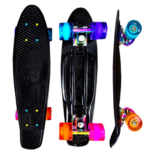 JS Roller Patineta penny board de 22 pulgadas para niños, adultos con llantas de goma y superficie antiderrapante black multicolor