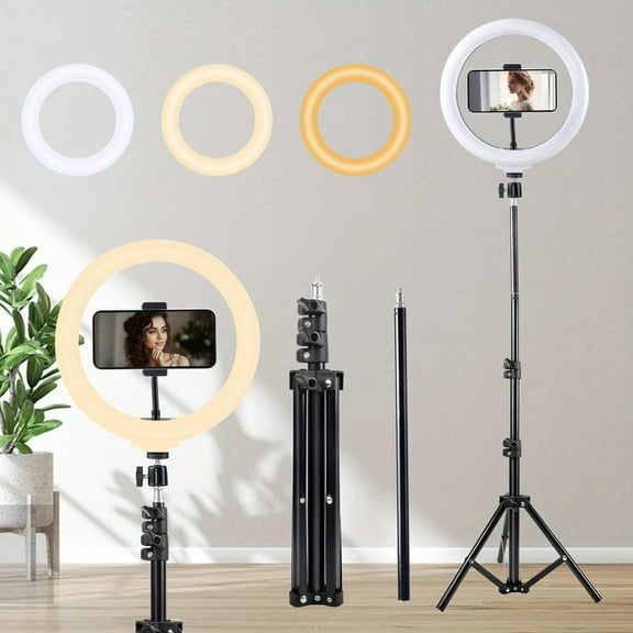 ZOMEI 10" Adjustable LED Ring Light with 63" Extendable Tripod & Phone Holder - for Live Streaming, Studio/Food Photography, USB Powered, 3 Color Modes (Warm/White/Cool), Button Control