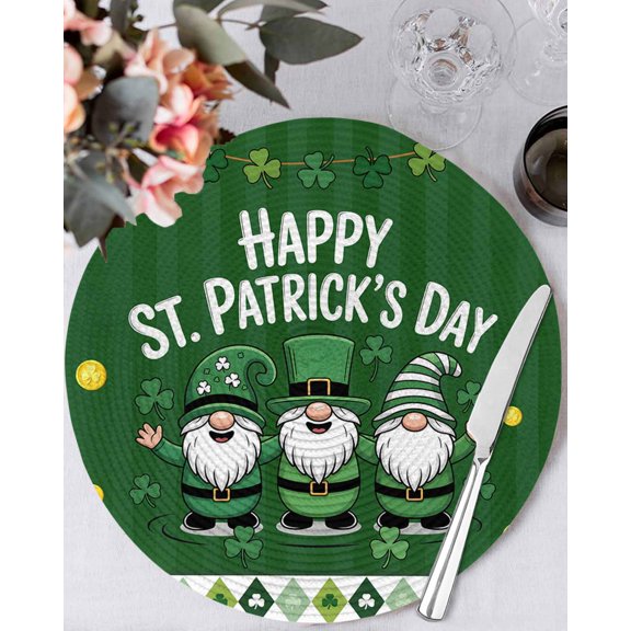 13 Inch Round Placemats Set of 4, St. Patrick's Day Non Slip Heat Insulation PP Table Mats, Lucky Shamrock Gnomes Gold Coin Spring Green Washable Place Mats for Kitchen Dining Party Table Decor