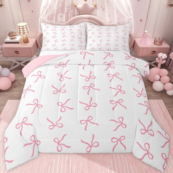 jejeloiu Ribbon Bow Knot Twin Comforter Sets,Pink Cartoon Bowtie Bedding Set For Girls Reversible 2-Piece