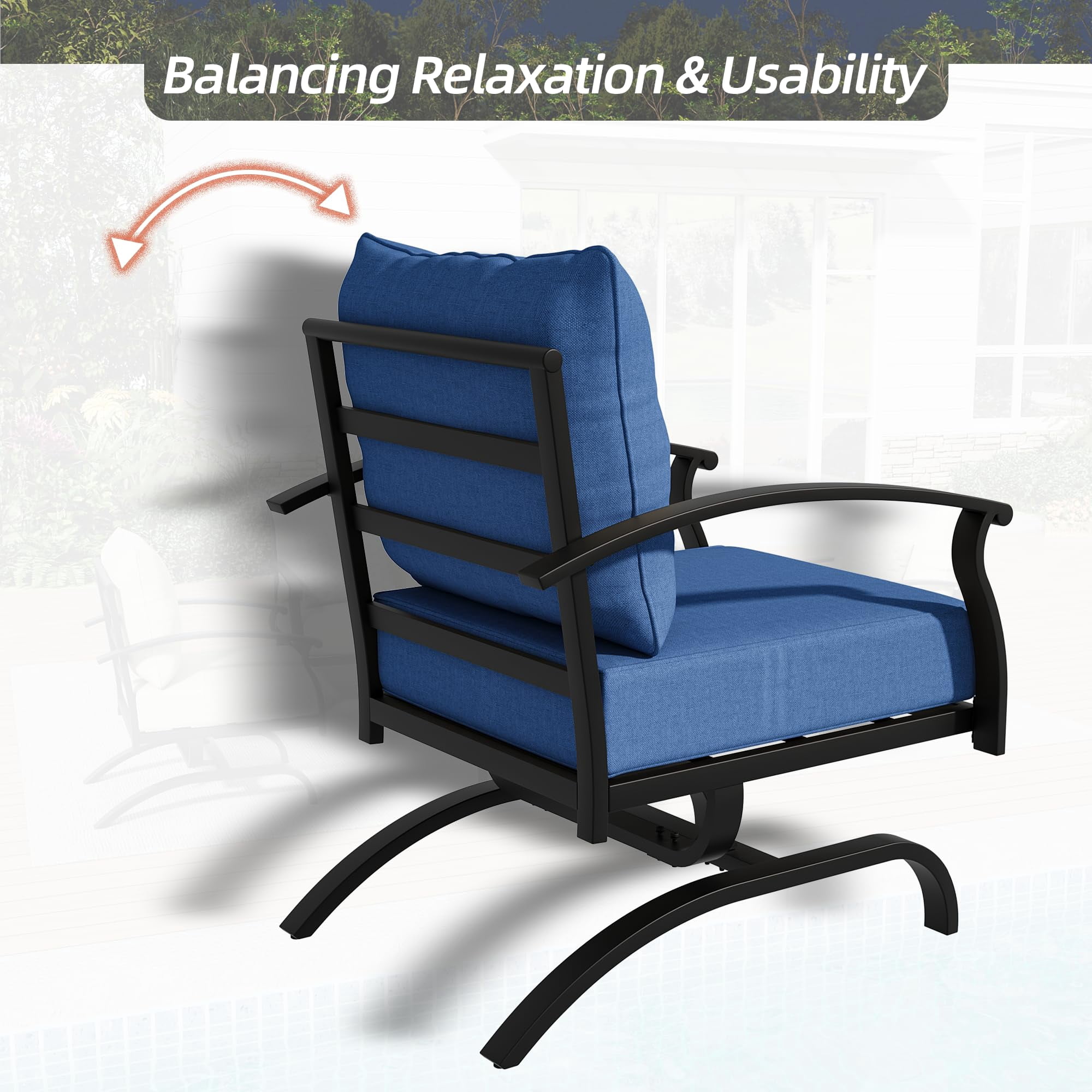 Gotland Metal Patio Furniture Set 5-Seat Modern Metal Bistro Set Outdoor Conversation Sets, 2 Piece Patio Rocker Chairs with Thick Cushion and Coffee Table for Garden Backyard Deck Lawn, Navy Blue