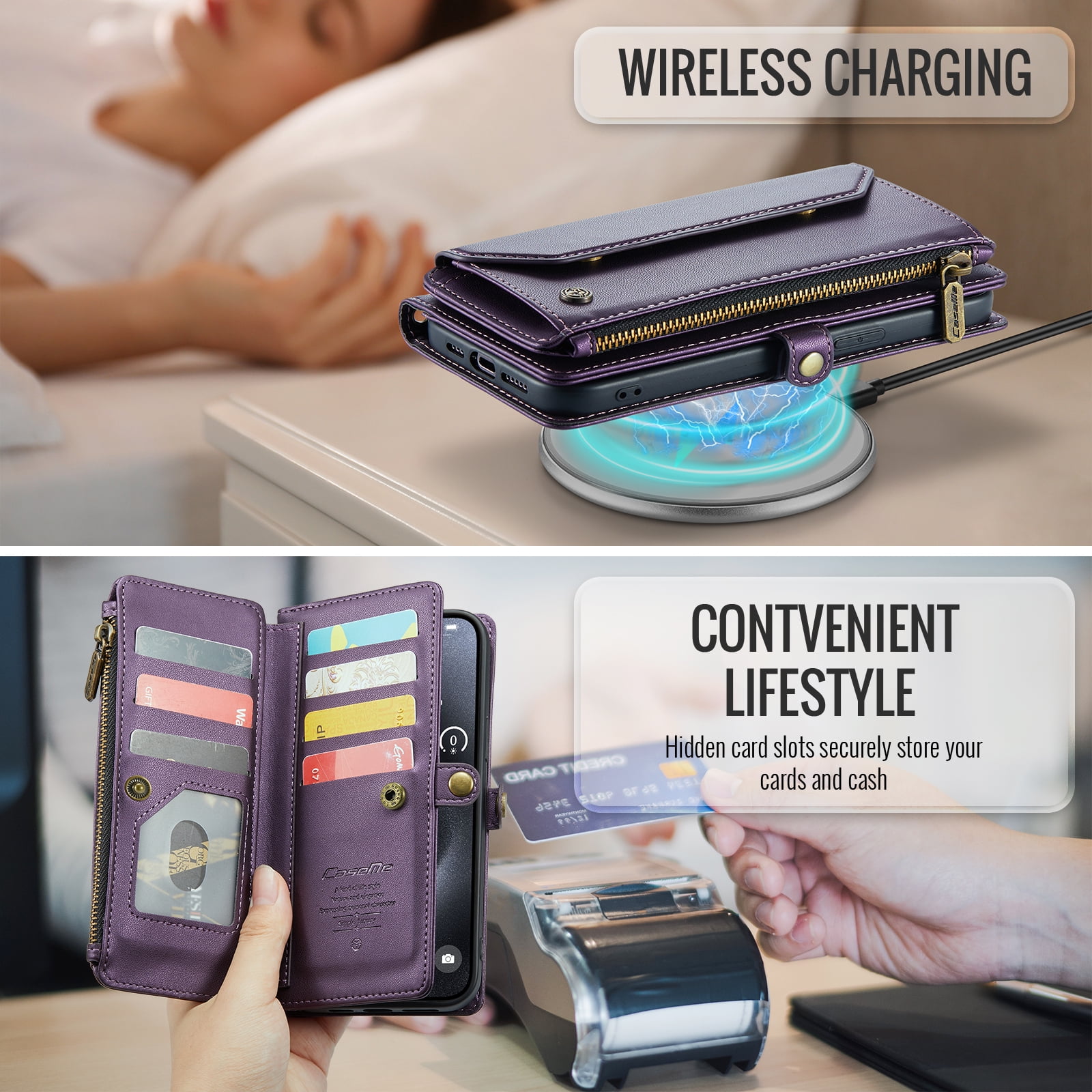 Dteck for Google Pixel 7A Case with RFID Blocking Wallet Case for Women Men, Shockproof PU Leather Magnetic Flip Strap Zipper Card Holder Phone Case,Purple