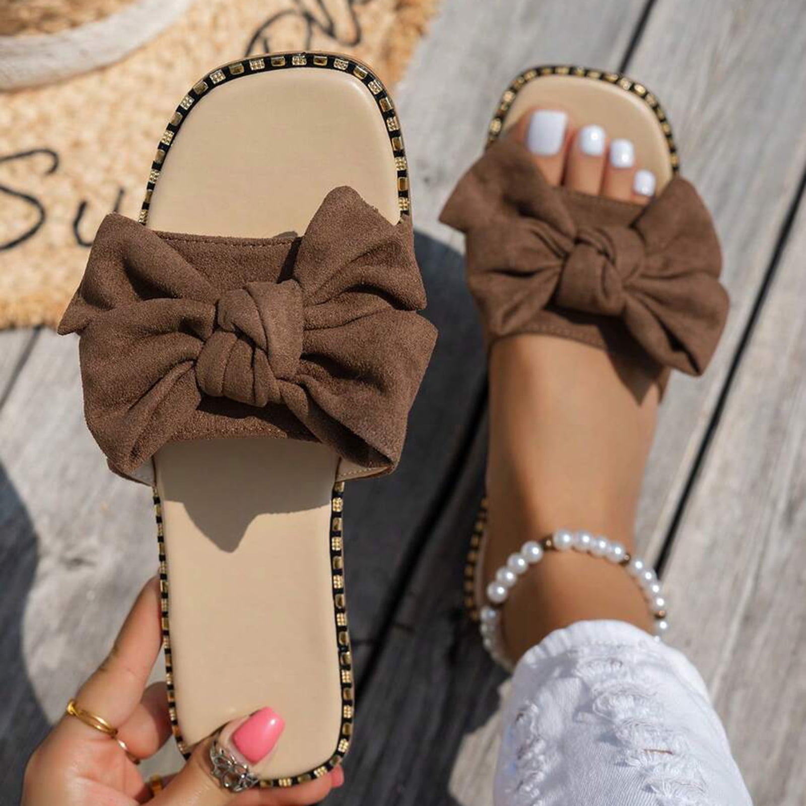 Rokment Flat Slip on Slides Sandals for Women Ladies 2026 Trendy Casual Bow Crochet Open Tow Low Heels Mules Summer Dress Slippers Vacation Brown Size 6