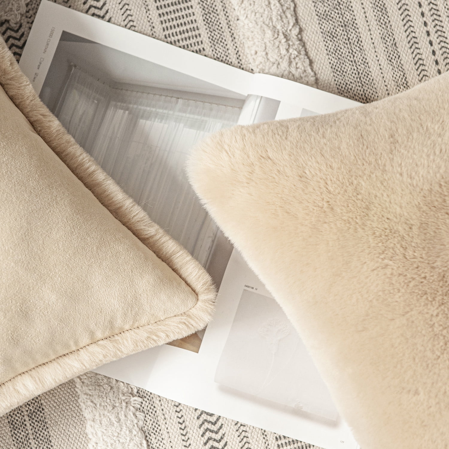 Phantoscope Deluxe Soft Faux Rabbit Fur Series Decorative Throw Pillow, 18" x 18", Beige, 1 Pack