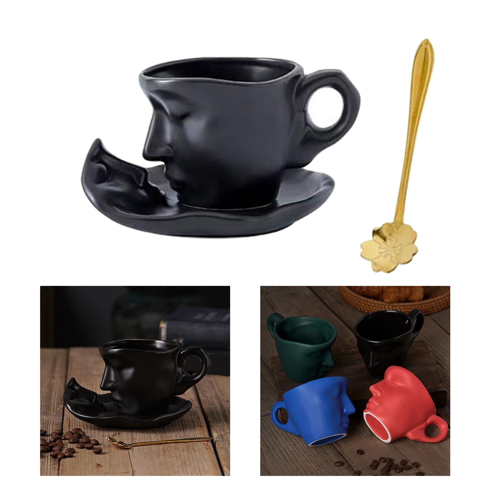 Fiocias 3D Human Face Kissing Mug with Spoons and Human Face Coaster Espresso Mugs 260ml Black
