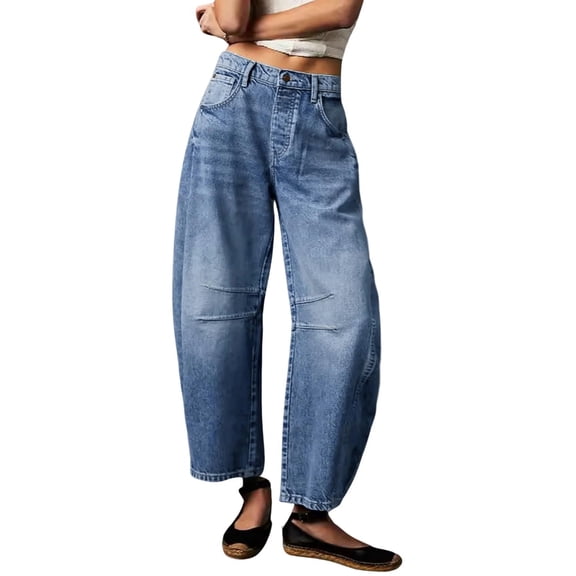 Women's Barrel Jeans Loose Mid Rise Vintage Wide Leg Cropped Denim Pants with Pockets
