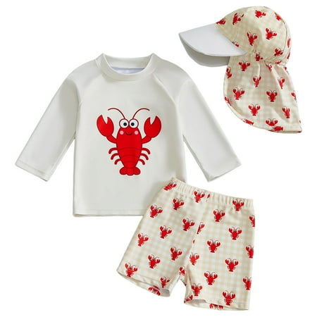 WUANDIXFA Baby Boy Swim Suit Toddler Baby Girls Boys Rash Guard Set with Swim Trunks Hat for Kids 3PCS Long Sleeve Bathing Suits 2-3 Years Beige