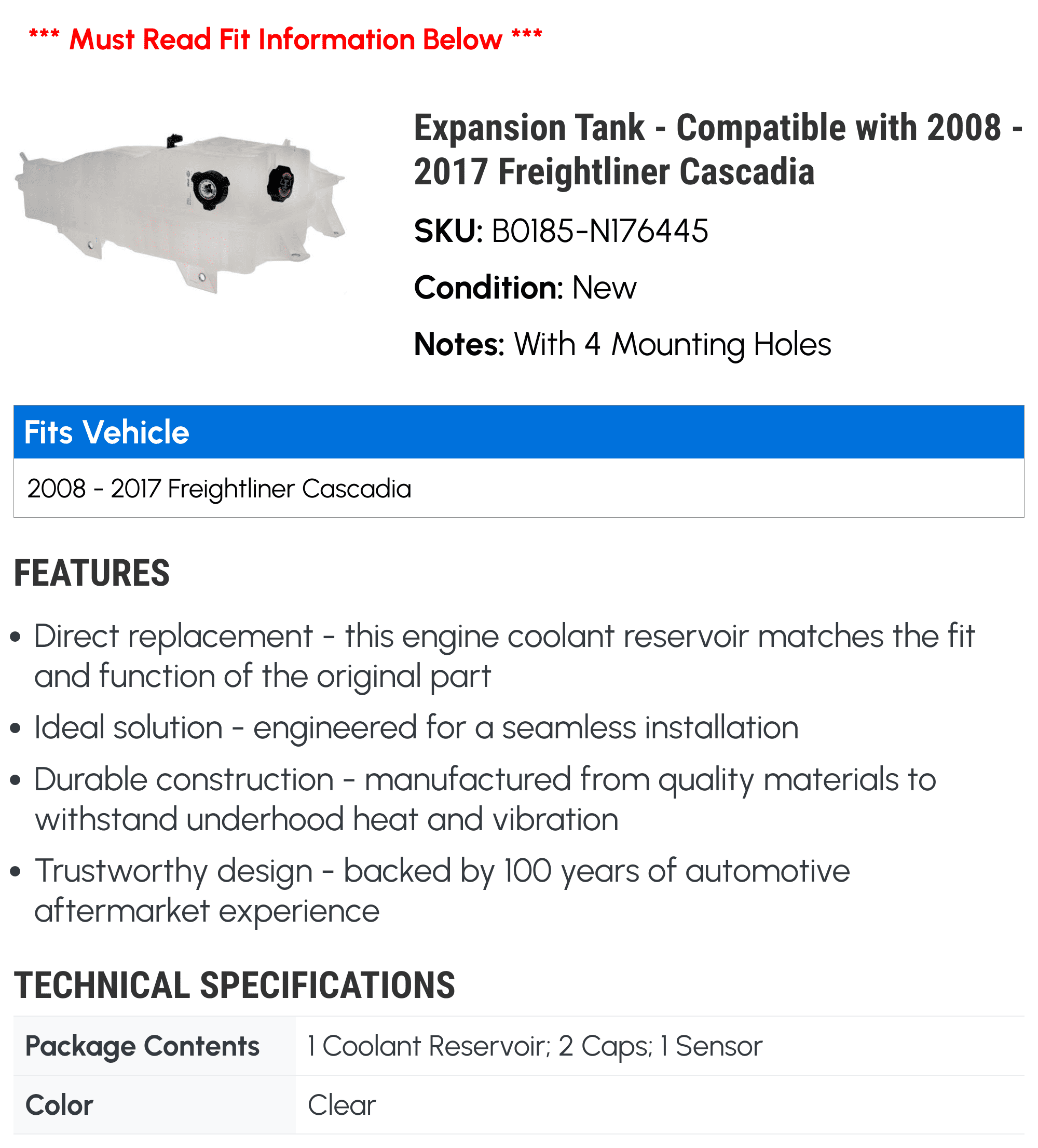 Expansion Tank - Compatible with 2008 - 2017 Freightliner Cascadia 2009 2010 2011 2012 2013 2014 2015 2016