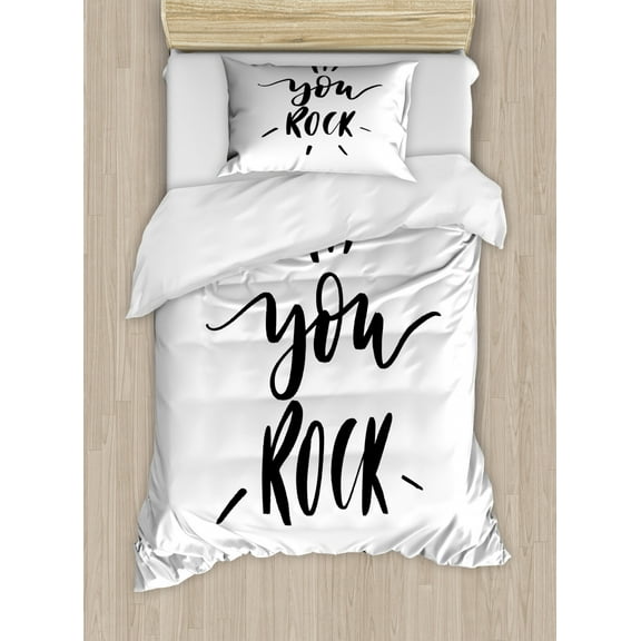 You Rock Duvet Cover Set Twin Size, Hand Written Monochrome Lettering Brush Strokes Cursive Style Print, Decorative 2 Piece Bedding Set with 1 Pillow Sham, Charcoal Grey and White, by Ambesonne
