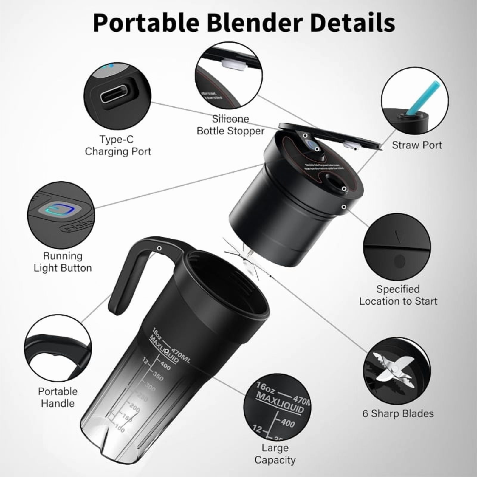 Portable Rechargeable Personal Blender for Shakes Smoothie 16Oz Mini Juicer Cup