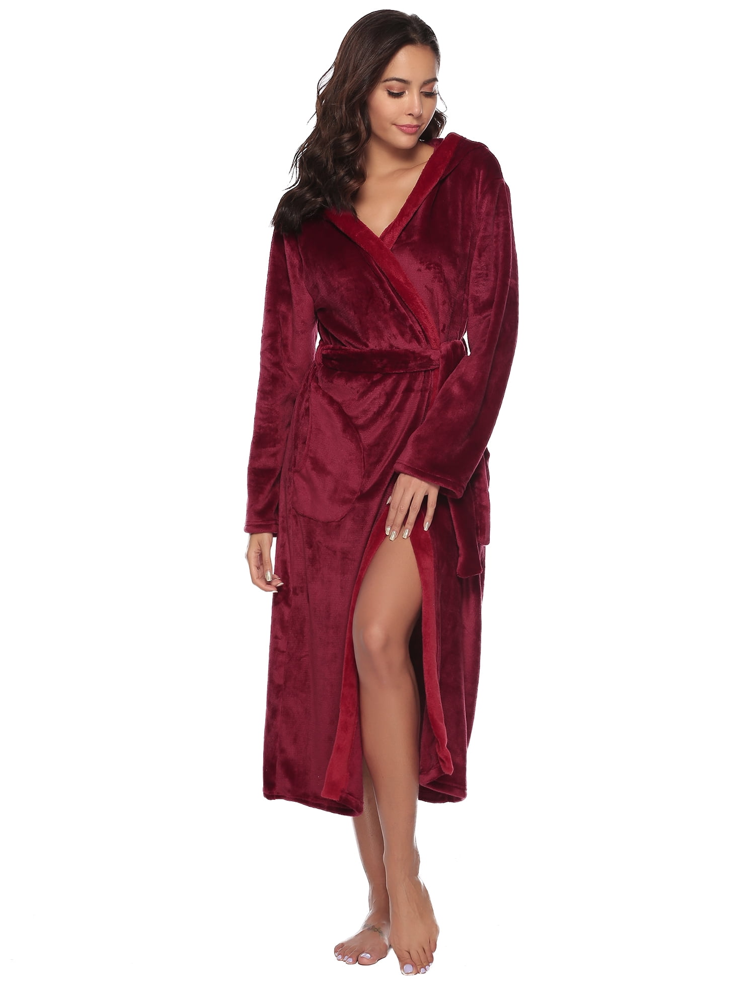 Purcoar Women's Fleece Bathrobe Solid Durable Pockets Easy Care Robe