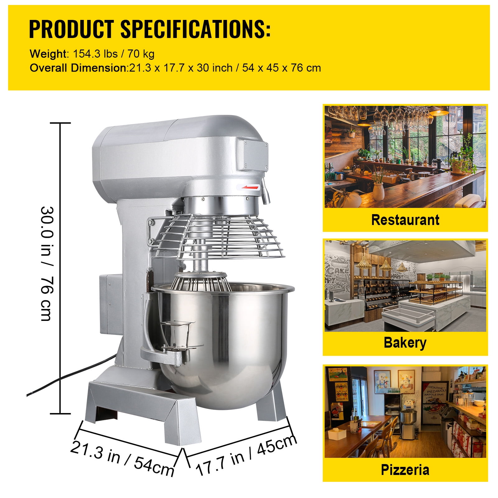 KFFKFF Commercial Food Mixer 30Qt 1100W 3 Speeds Adjustable 105/180/408 RPM Heavy Duty 110V with Stainless Steel Bowl Dough Hooks Whisk Beater for Schools Bakeries Restaurants Pizzerias