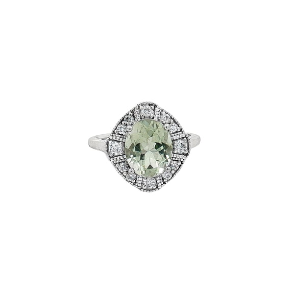 Vintage Style Green Amethyst Silver Ring with Halo Cubic Zirconia Elegant Statement Jewelry