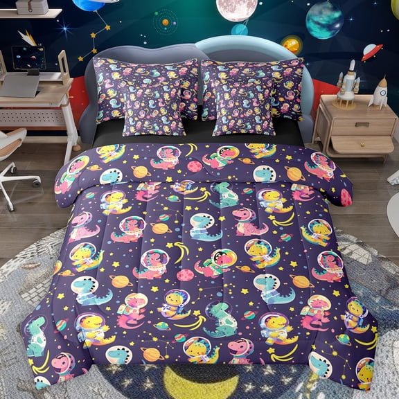 Castle Fairy Cartoon Dinosaur Astronaut Twin Bedding Sets 7-Piece for Kids Children,Starry Sky Planet Bedding Comforter Set Microfiber,Kawaii Animal Dino Breathable Sheet Sets,Lightweight Room Decor