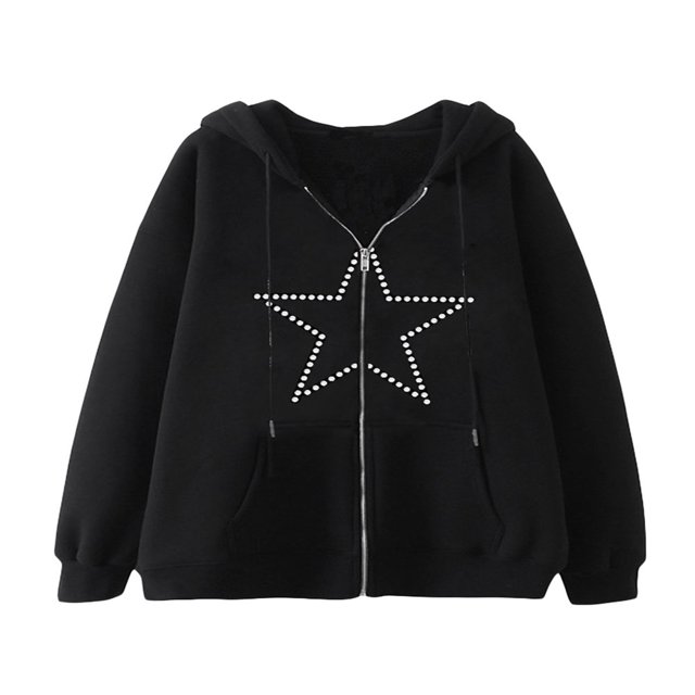 Women Rhinestone Zipper Hoodie Sweatshirts Long Sleeve Zip Up Drawstring Hoodie Oversized Jacket with Pockets Black Spider‘s Web L