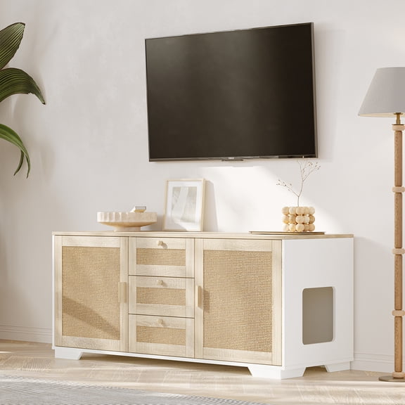 Cat Litter Box Enclosure Furniture Hidden Indoor 2-in-1 Wooden Cat & Washroom Cabinet with Scratching Board Doors and 3 Drawer for 2 Cats, 55"x20"x24"H