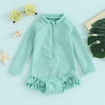 thumbnail image 2 of Bagilaanoe Toddler Baby Girl One-Piece Swimsuit Long Sleeve Zipper Rashguard Swimwear 6M 12M 18M 24M 3T 4T Kids Ruffle Bathing Suit, 2 of 8