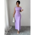 thumbnail image 5 of Purple Off-The-Shoulder Ruched Waist Bodycon Maxi Dress For Women, 5 of 6