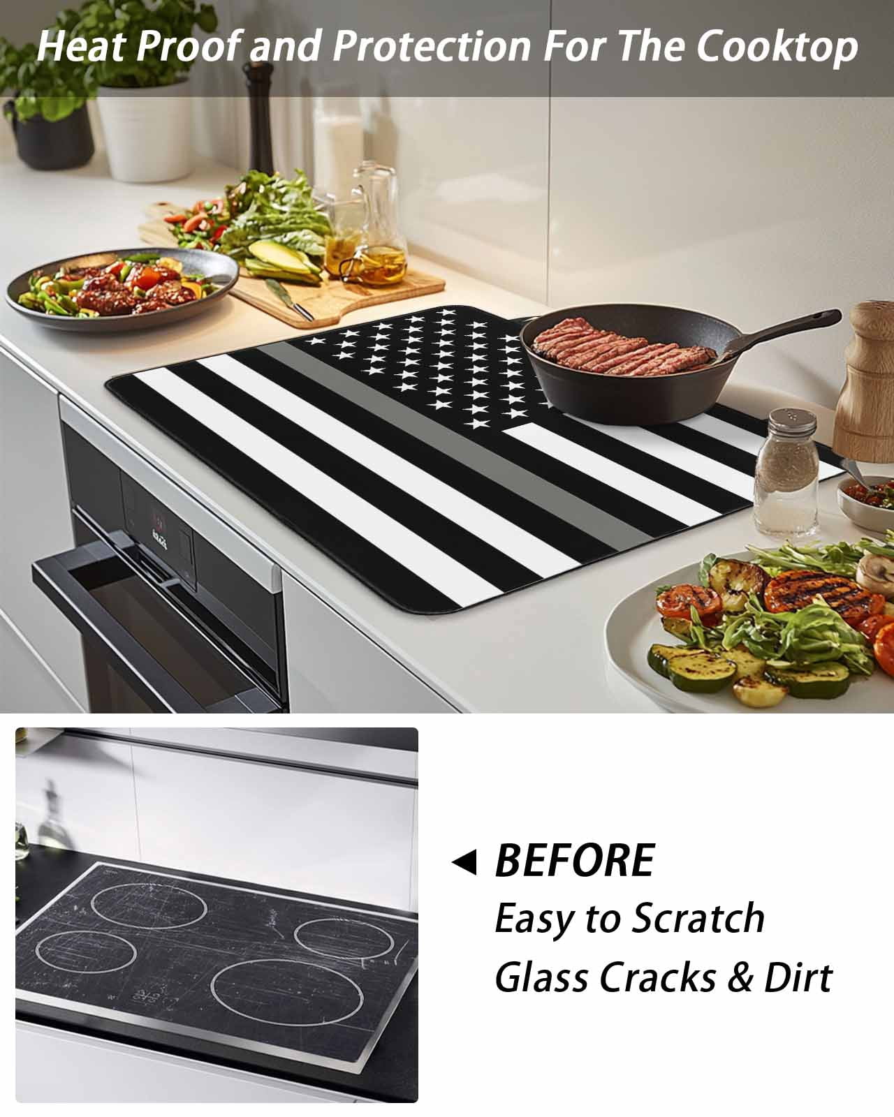 Stove Top Covers for Electric Stove, Thin Grey White Line Glass Stovetop Cover Protector, American Flag Star Induction Cooktop Protector Oven Mat for Kitchen Countertop 24"x21"