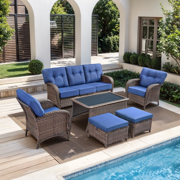 PARKWELL 6 Pieces Patio Furniture Set, Outdoor 7-Seat All-Weather Wicker Conversation Sofa Set with Single Chairs, Coffee Table, Ottoman and 5-inch Thick Deep Cushions for Porch Deck, Brown/Navy