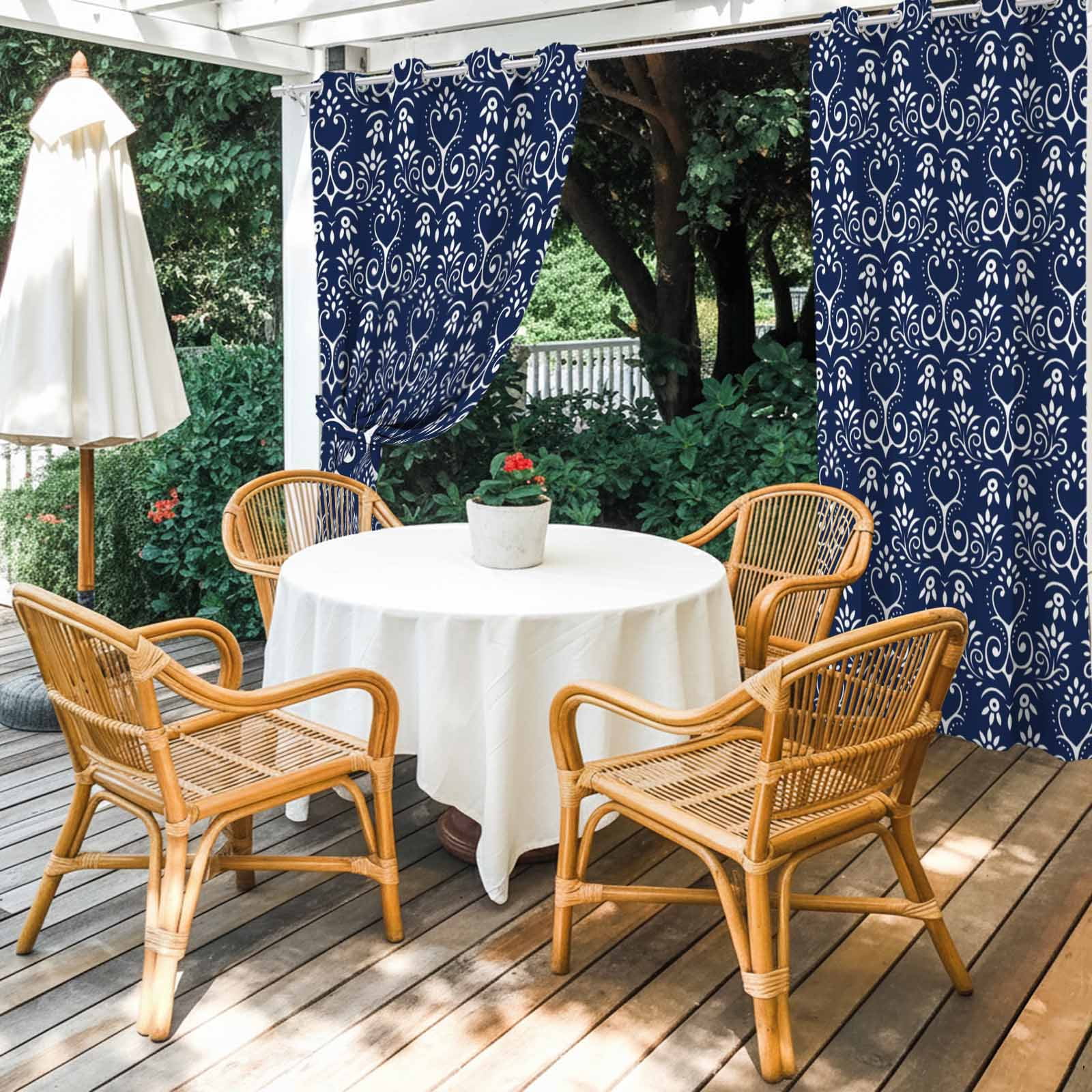 Outdoor Curtains for Patio Waterproof, Navy Blue Spring Floral Windproof Pravicy Outside Porch Blackout Curtain, Modern Abstract Art Farmhouse Sun Blocking Grommets Curtains for Cabana 54"x108"