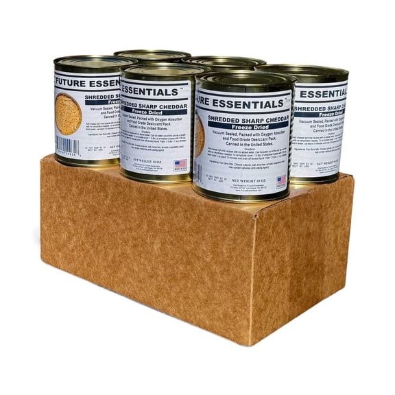 Future Essentials Freeze-Dried Shredded Sharp Cheddar Cheese, 10 oz #2.5 Can (6-Pack) – Real Dairy Cheese, 25-Year Shelf Life, Emergency Food Storage, Made in USA