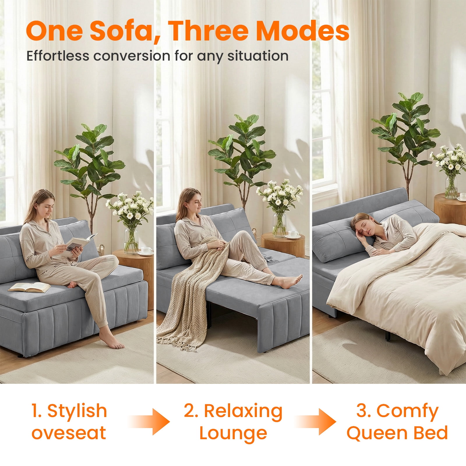 Puremind Queen Size Pull Out Sofa Bed, Convertible Sleeper Sofa with Pull Out Bed, Loveseat Couch Bed with Pillows for Living Room/Apartment, Light Gray