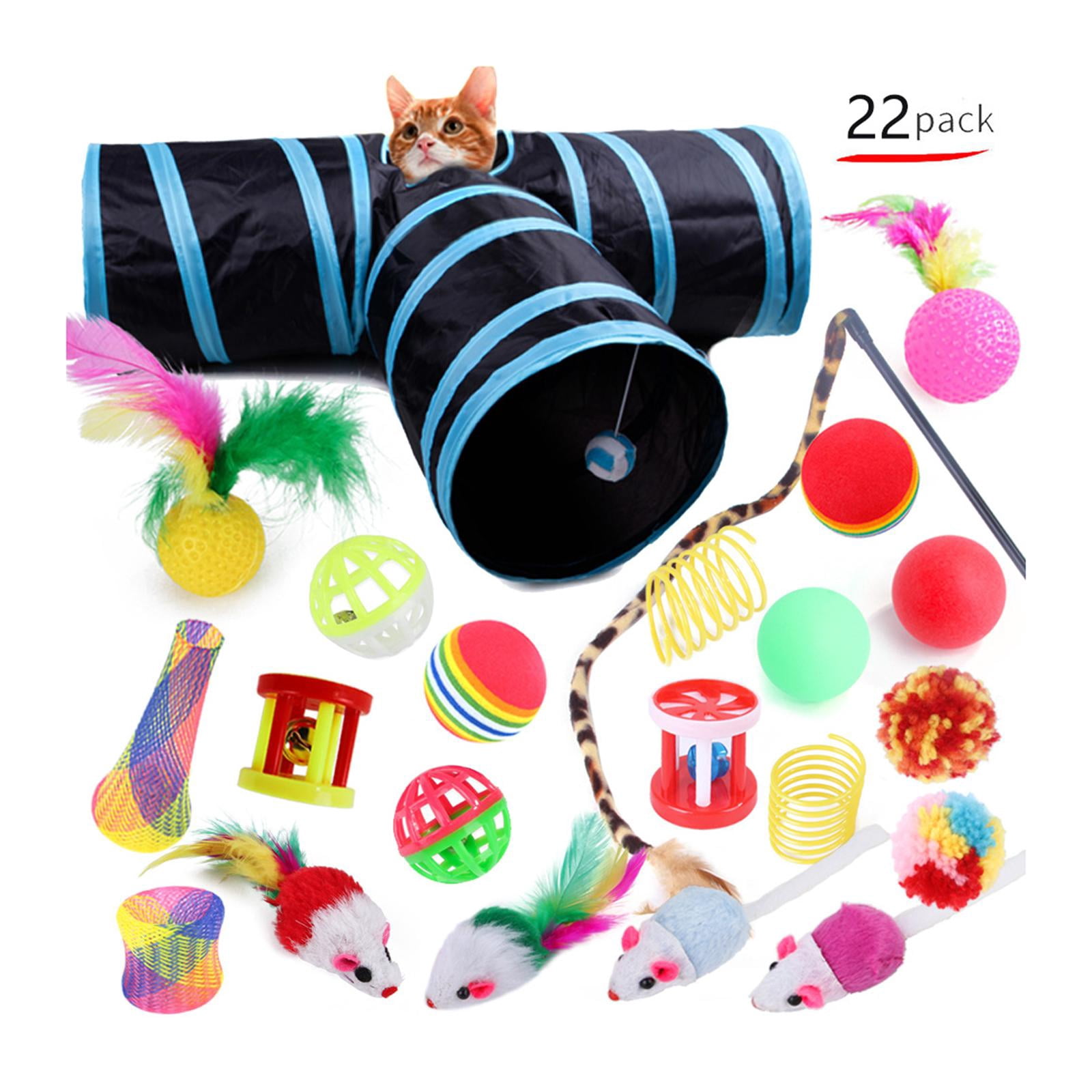 22 piece Interactive Cat Toy Sets,Collapsible Cat Tunnels for Indoor Cats, Feather Teaser Crinkle Balls Spring Toy Catnip Fish for Cats , B99502