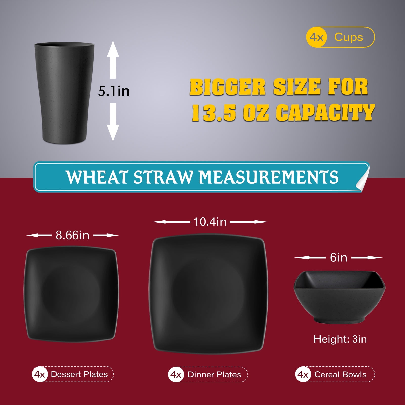 Teivio 16-piece Plastic Wheat Straw Square Dinnerware Set for 4, Unbreakable Dinner Plates, Salad Plates, Snack Bowls, Tumblers 13.5 oz, Dishwasher Safe, Black