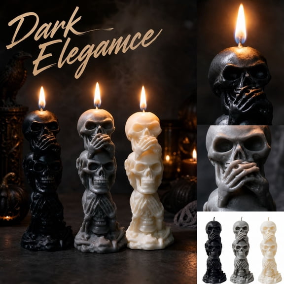 Skull Candle with Triple Stacked Skulls, Gothic Halloween Decor for Halloween Centerpiece, Black Soy Wax Pillar Candle for Home and Gift