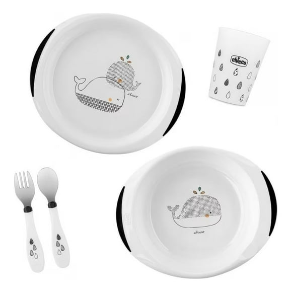 Set de Alimentación Chicco 18m+ Plato Vaso Entrenador Cuchara Ballena