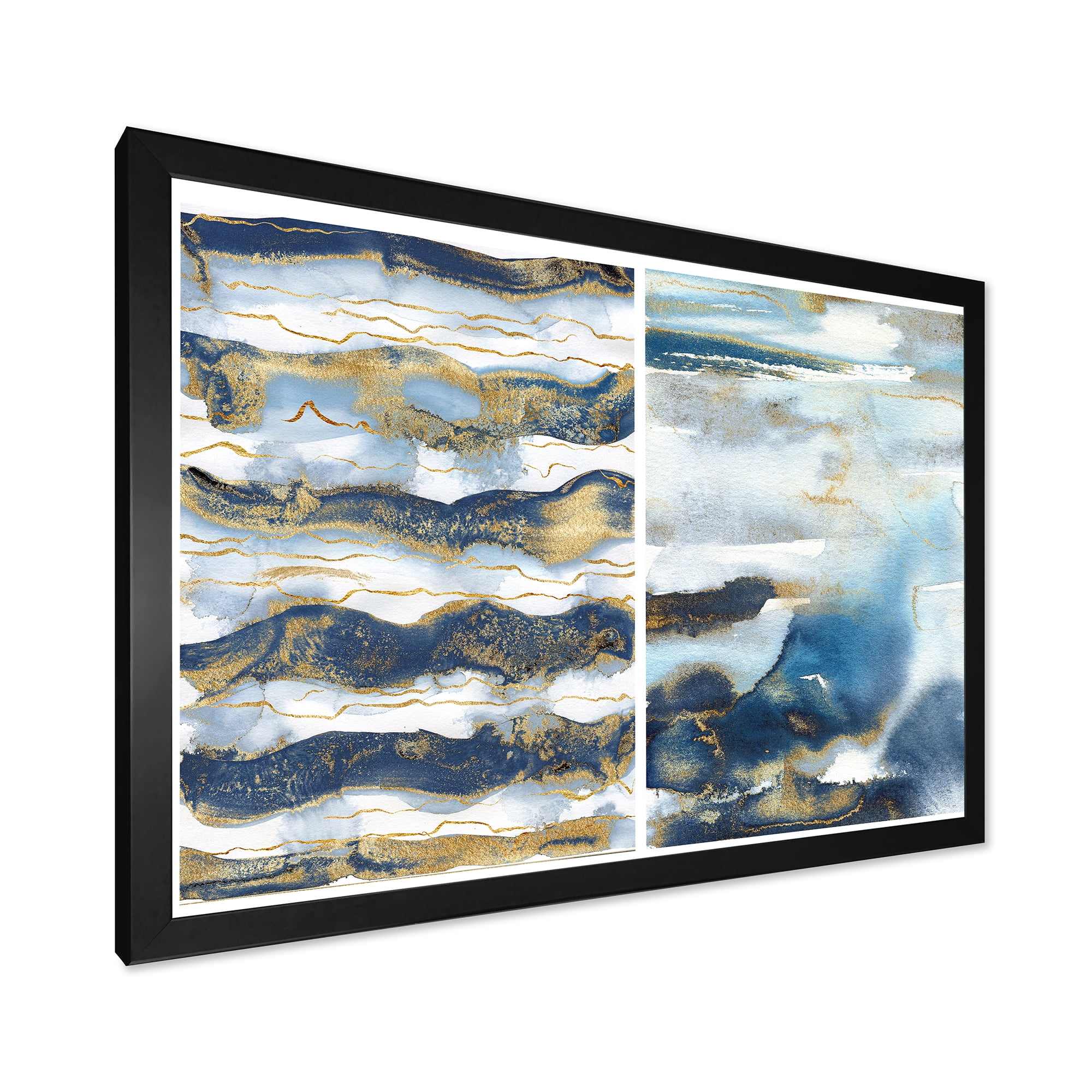 Designart 'Gold and Dark Blue Abstract Waves II' Modern Framed Art Print