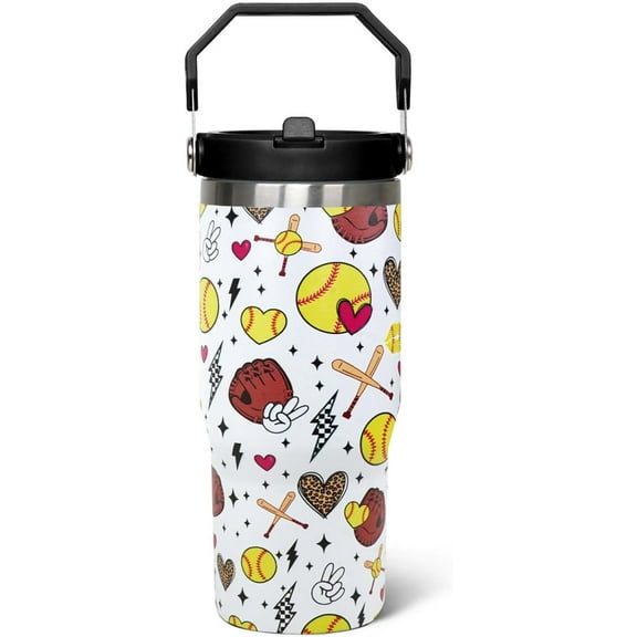30oz Softball Tumbler with Flip Lid, Handle & Straw - Insulated Travel Mug for Coffee & Water - Perfect Softball Player Gifts & Accessories