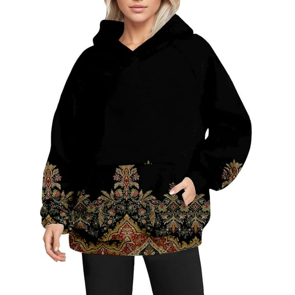Bovemsi Sweatshirt for Women Retro Fashion Print Loose Large Sized Casual Long Sleeved Hoodie Comfort Hoodie