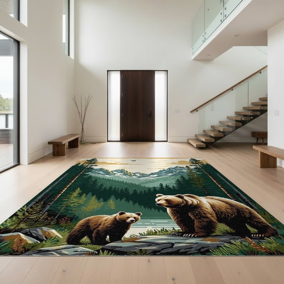 Design&I 8'x10' Washable Area Rug Extra Large Skid-Resistant Low Profile Cabin Cub Wildlife Woodland Forest Border Bathroom Sunset Medieval for Living Room, Family