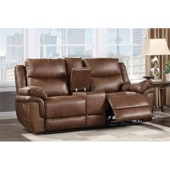 Pemberly Row Polyester Fabric Power Console Loveseat in Brown