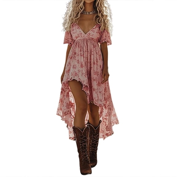 CIENVNSTG Women's Dresses Floral Print Short-Sleeved Shirt Deep V-Neck Irregular Design Elegant Dress Pink S