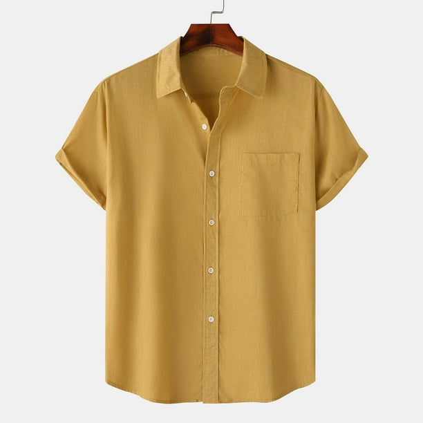 Ceisia Men's Solid Color Loose Fit Short Sleeve Button Down Shirt for Casual & Vacation Wear Yellow L Gifts