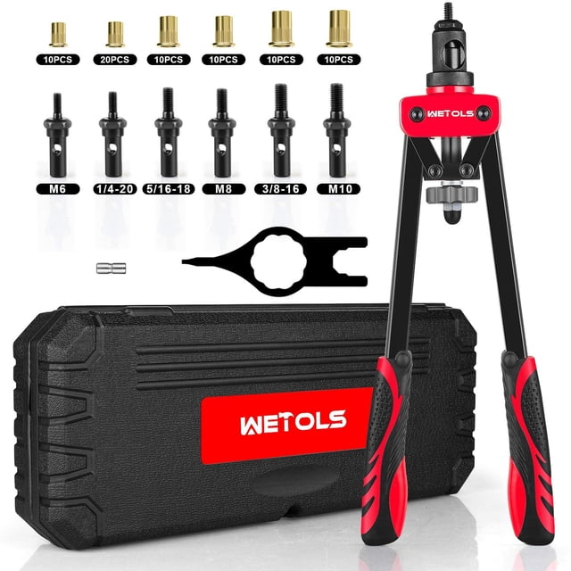 WETOLS Kit de herramientas para tuercas de remache, herramienta para tuercas de remache de 14 pulgadas con 7 mandriles métricos y SAE, remachadora manual profesional con kit surtido de 70 piezas, pist
