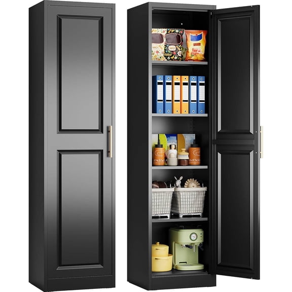 71" Tall Narrow Storage Cabinet with 1 Door and 5 Adjustable Shelves, Slim Kitchen Pantry or Bathroom Cabinet, Black Metal