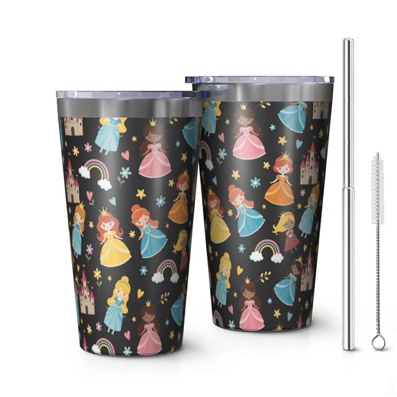 16oz Tumblers Black Princess Castle Pattern Stainless Steel Vacuum Insulated Double Wall Travel Tumbler Cups Mug with Lid and Straw,Cleaning Brush for Coffee,Tea