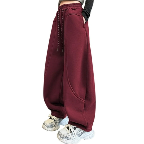 Lenpel Children's Fleece Lined Sweatpants Girls Boys Baggy Elastic Waist Wide Leg Athletic Pants Baggy Streetwear Casual Trousers(Red,12-13 Years)