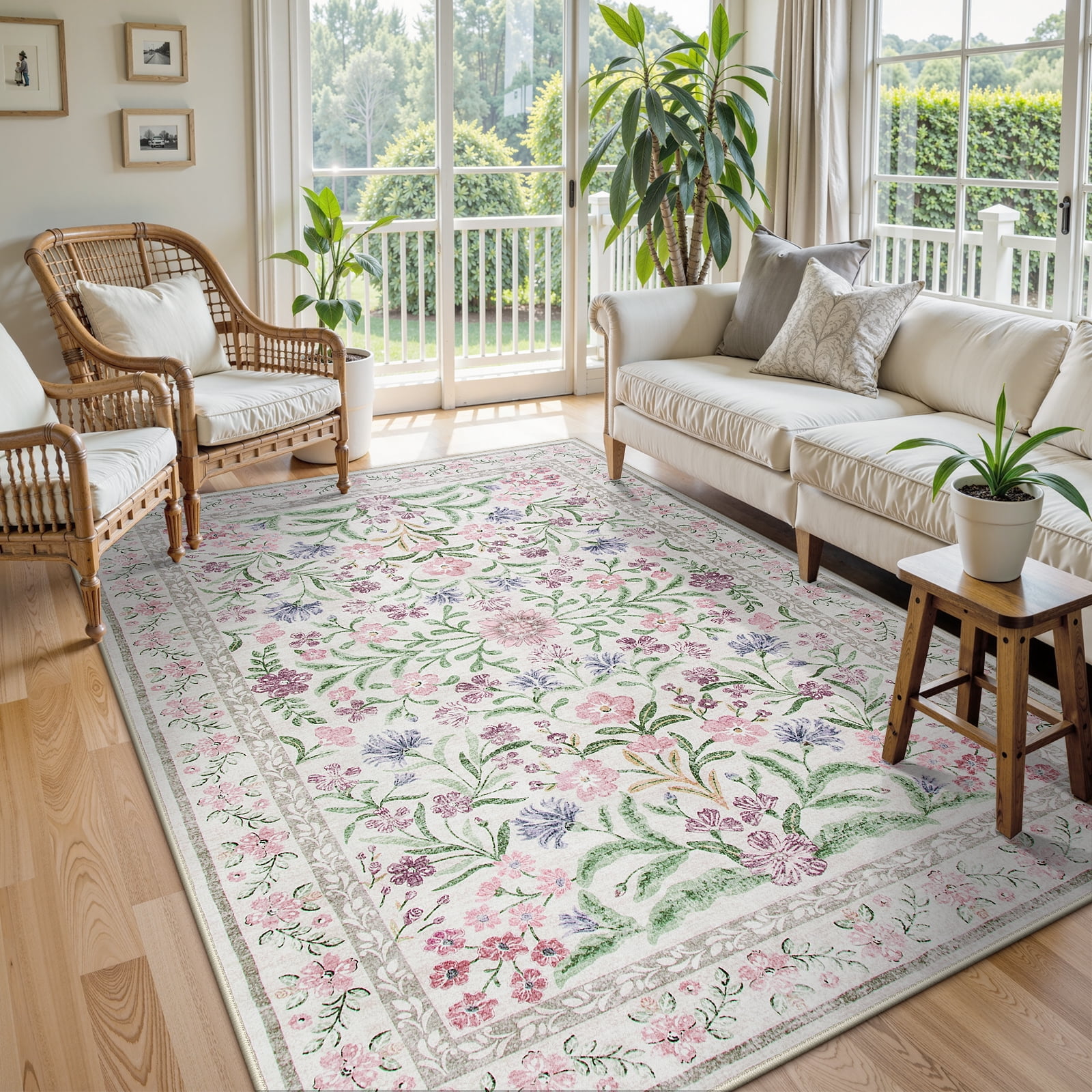 Lahome 5'x7' Washable Area Rug for Living Room with Non Slip Backing,Traditional Boho Rug,Low Pile Lightweight Carpet,Floral Print Mat,Better Home,Washable Machine for Bedroom,Purple