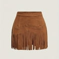 thumbnail image 5 of Women’s Faux Suede Mini Skirt with Fringe Hem and Stud Accents Western Style High Waist Skirt for Casual Outfits Light Brown M, 5 of 5