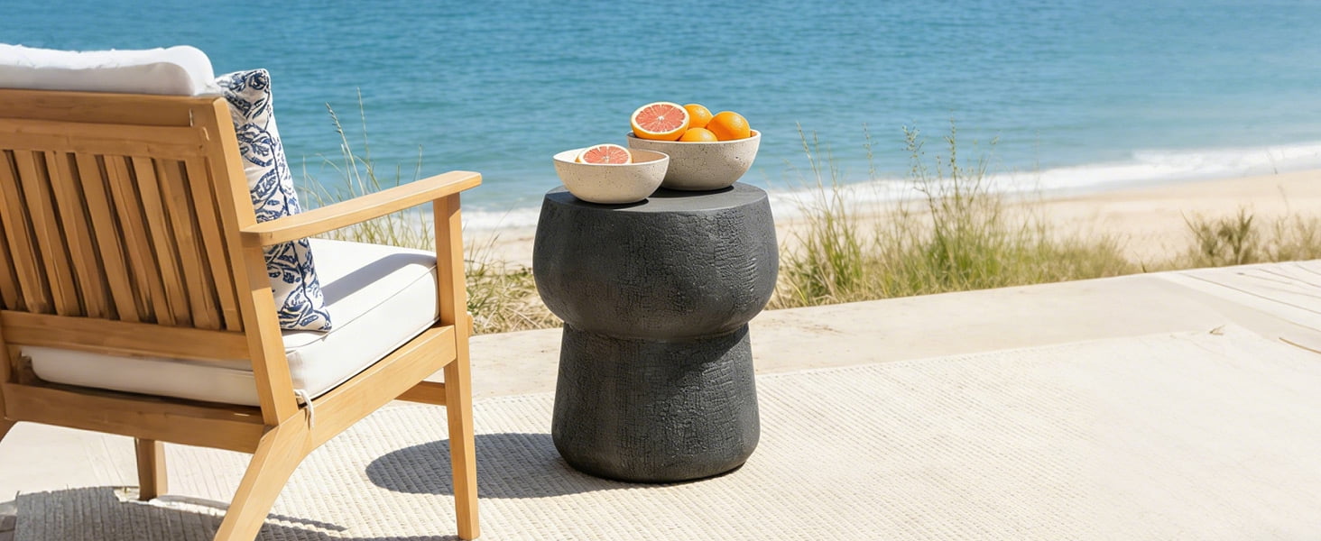 Mintazer 17.8" H Double Barrel Shaped Outdoor Side Table, Distressed Cement Accent Table for Patio Living Room, Black