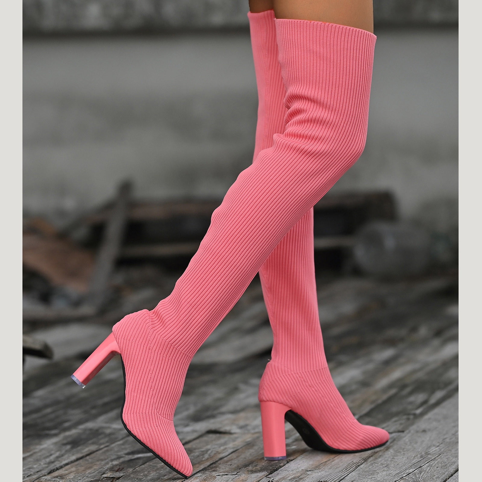AXXD Women's Elastic Pointy Toe Boots Women's Over The Knee Boots Christmas On Pink Size 40(US:7.5)