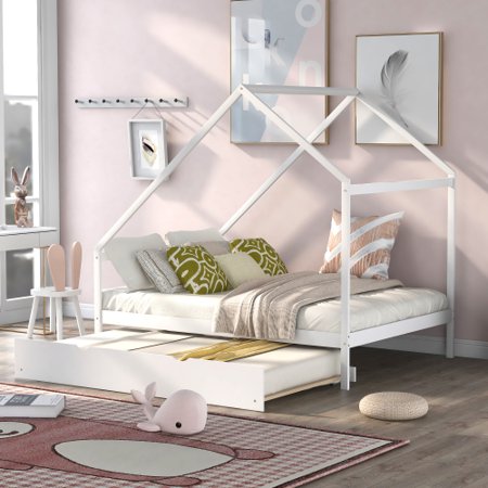 JINS & VICO Platform Bed  Full Size House Bed Frame with Trundle and Roof  Solid Wood Platform Daybed Sofa Bed for Kids Adults Bedroom Living Room  Easy Assembly  White