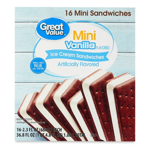 Great Value Mini Vanilla Flavored Ice Cream Sandwiches, 36.8 fl oz, 16 Pack