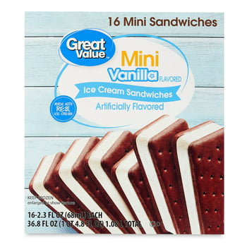 Great Value Mini Vanilla Flavored Ice Cream Sandwiches, 2.3 fl oz, 16 Count