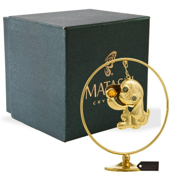 Matashi 24K Gold Plated Puppy Hoop Tabletop Ornament with Crystals Elegant Showpiece Centerpiece Dog Figurine Home Living Room Office Decor Gift for Christmas Birthday New Year Holiday Mother's Day